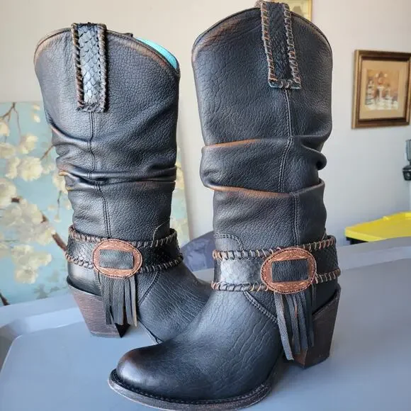 Corral Ladies Brown Fringe Slouch Boots Size 6.5M - Picture 1 of 14